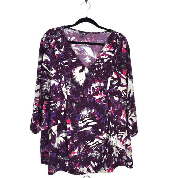 DAISY FUENTES new stretch top 1X purple/white/black wrap vneck elbow sleeves - Picture 3 of 4